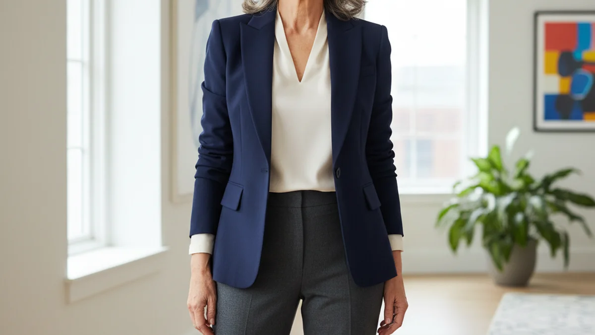 Femme de 50 ans portant un blazer structuré avec élégance