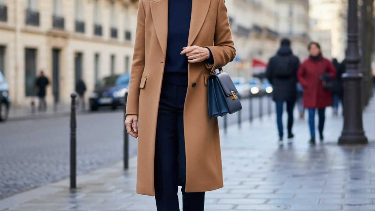 Manteau camel mi-long en laine porté sur une tenue marine