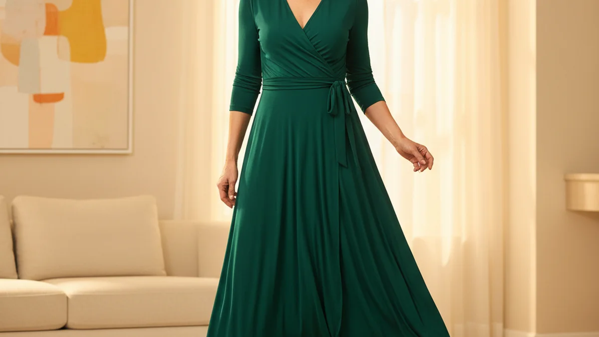 Robe portefeuille émeraude portée par une femme de 50 ans avec des escarpins nude