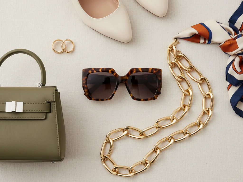 Accessoires tendance 2026 : lunettes oversize, collier chaîne dorée et sac structuré