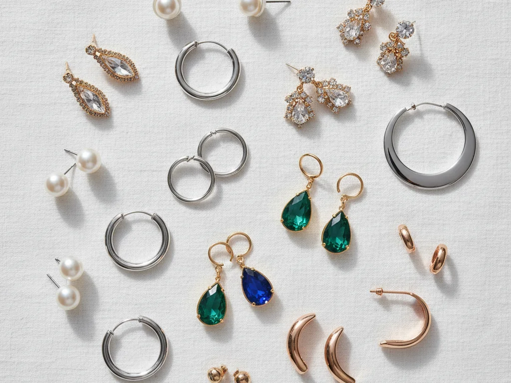 Collection de différents styles de boucles d'oreilles sur un fond marbre