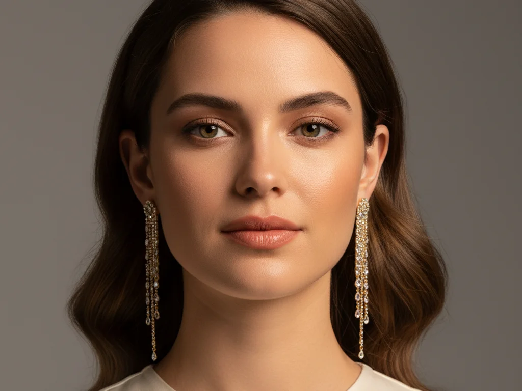 Boucles d'oreilles pendantes sur un visage ovale