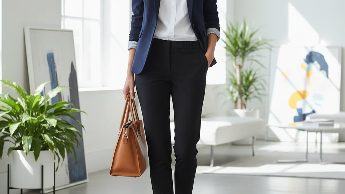 Tenue bureau capsule wardrobe : blazer marine, chemise blanche, pantalon noir