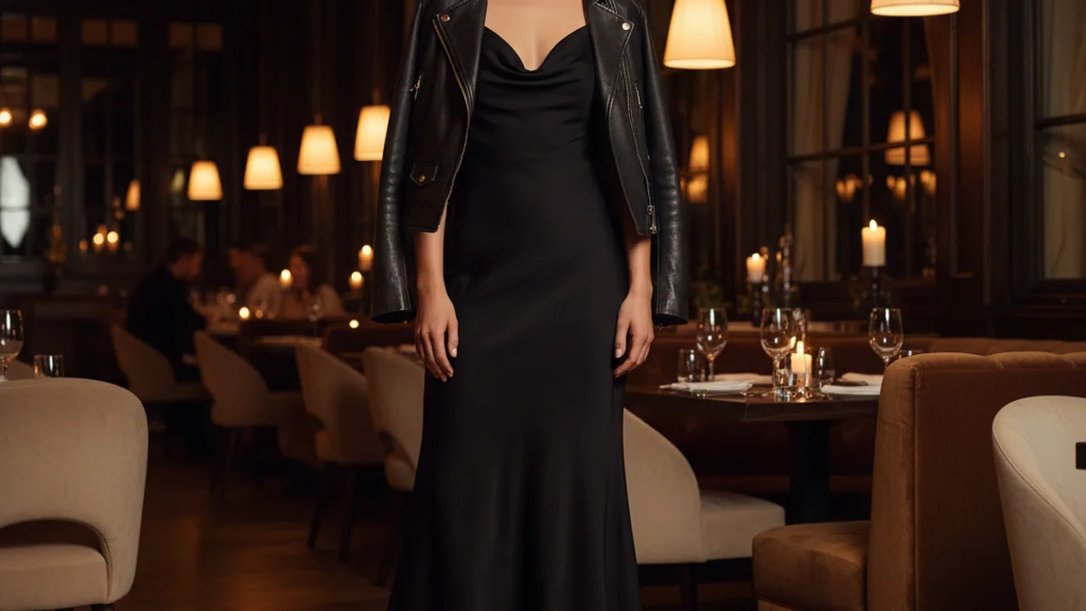 Tenue soirée capsule : petite robe noire, perfecto cuir, boucles dorées