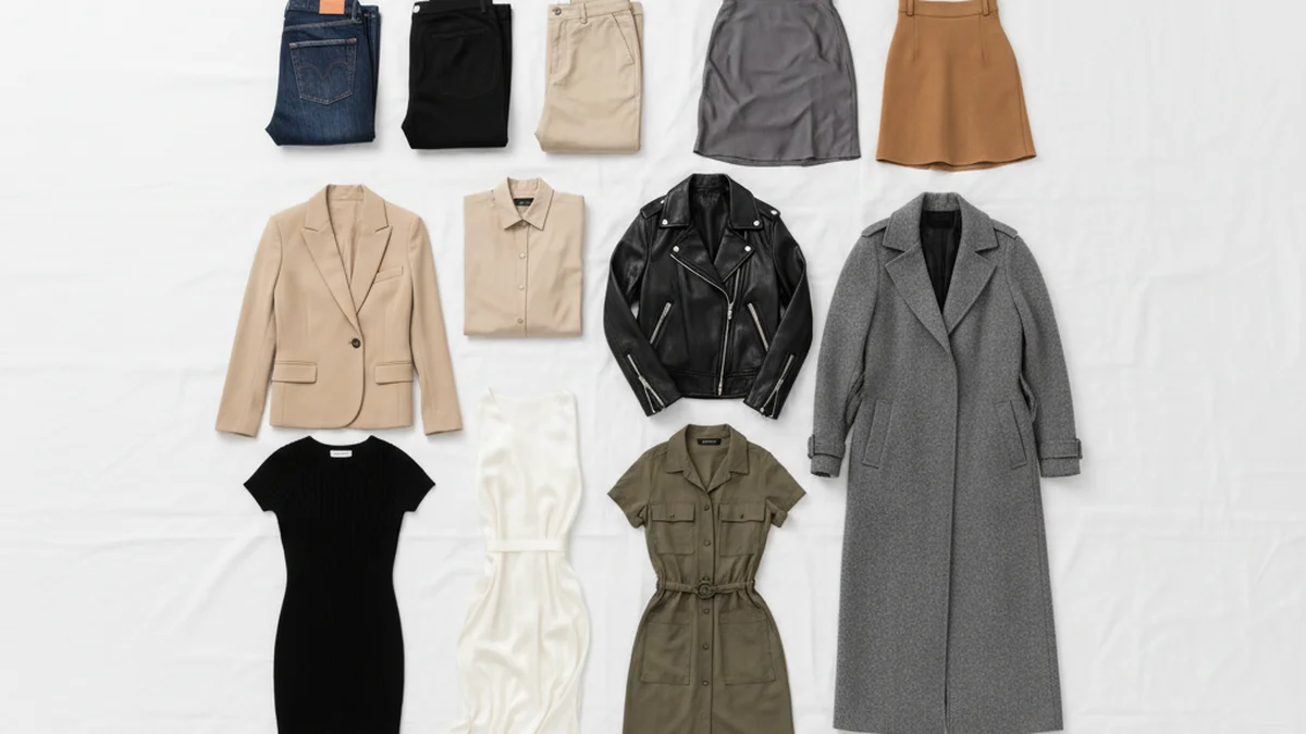 Les 30 pièces essentielles d'une capsule wardrobe disposées à plat