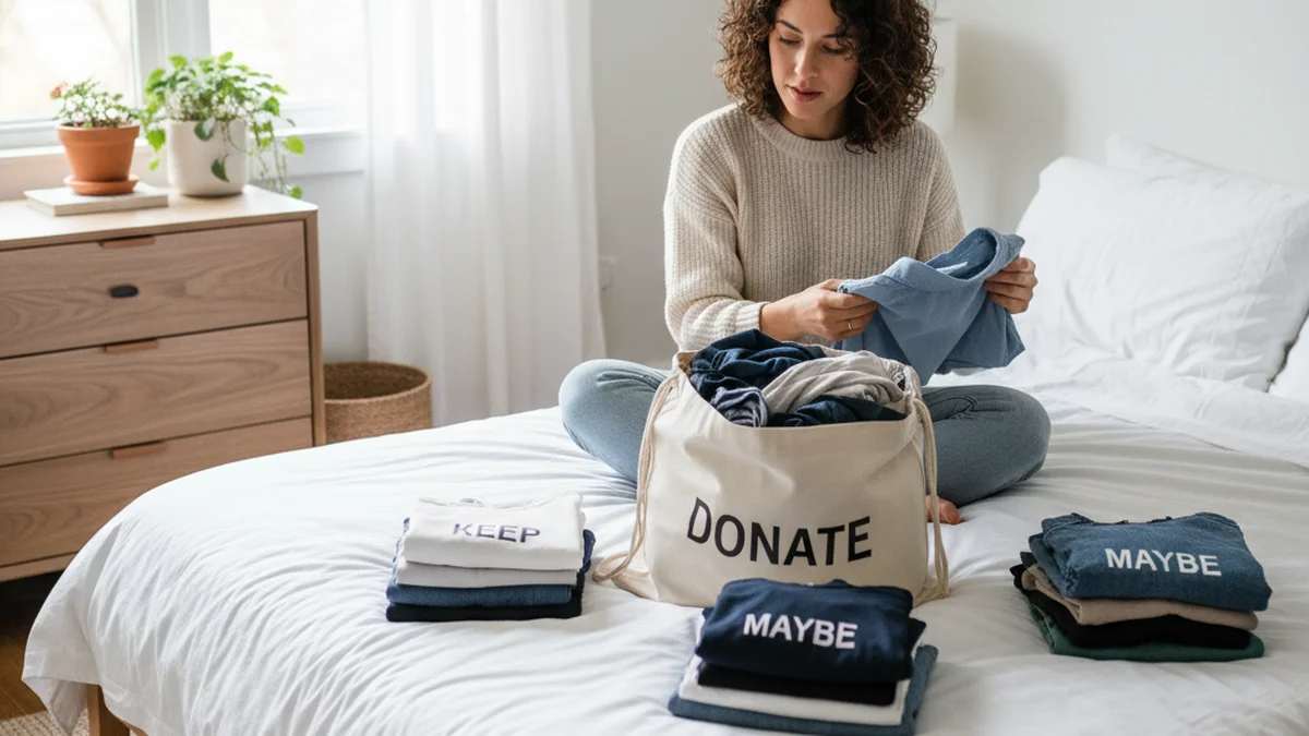 Femme faisant le tri de sa garde-robe avec trois piles de vêtements