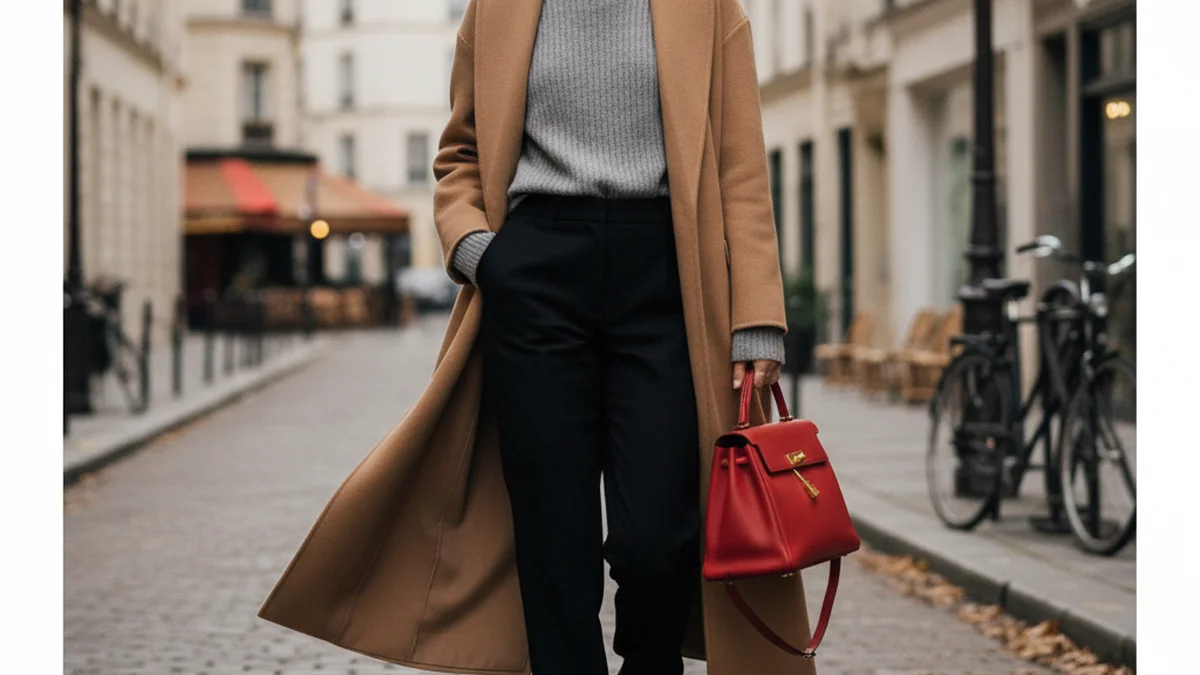 Tenue neutre avec une touche de couleur rouge en accessoire