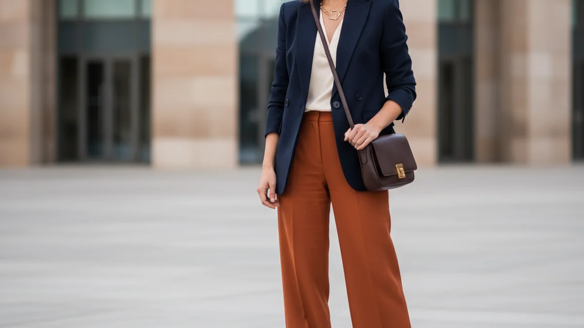 Tenue avec couleurs complémentaires bleu marine et orange brûlé