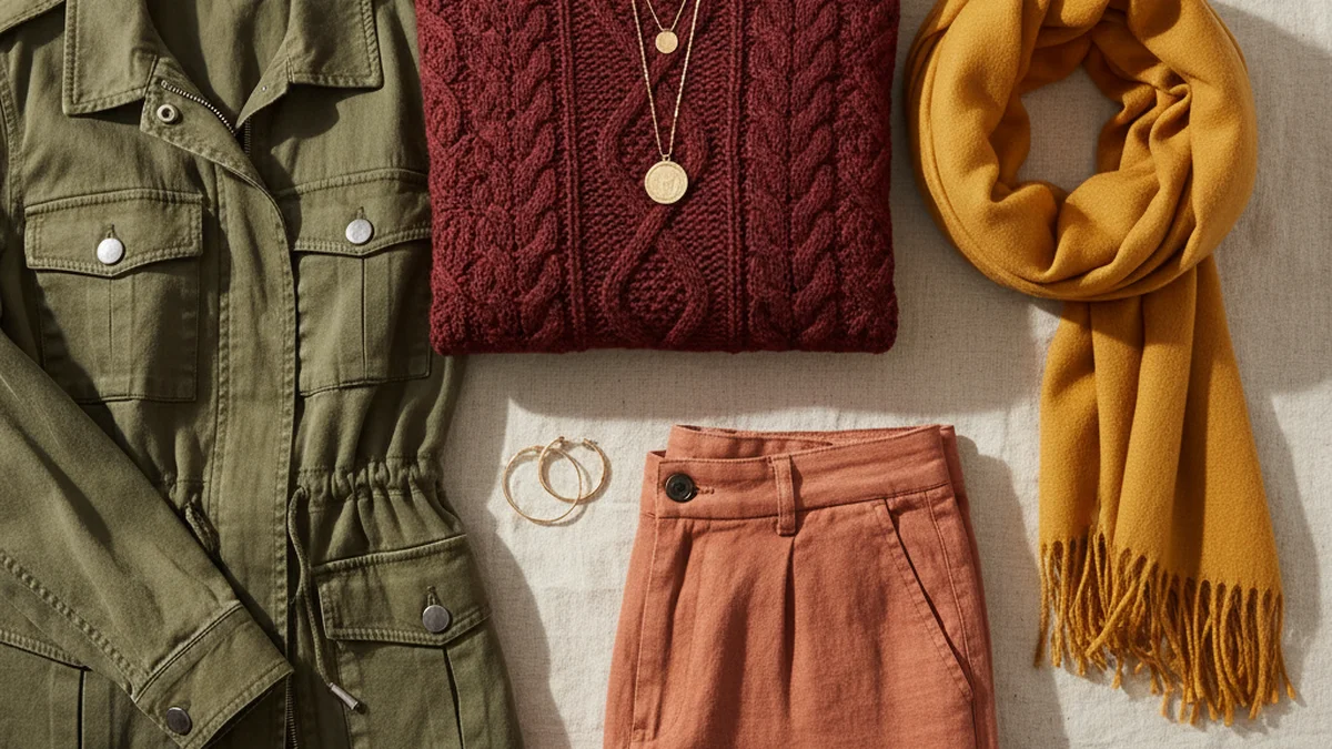 Palette de couleurs chaudes pour teints chauds : bordeaux moutarde terracotta