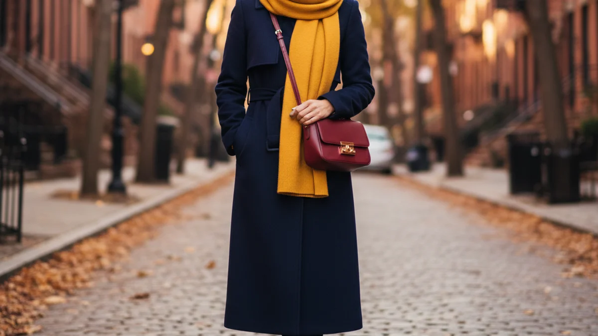 Tenue en triade de couleurs avec bleu marine moutarde et bordeaux