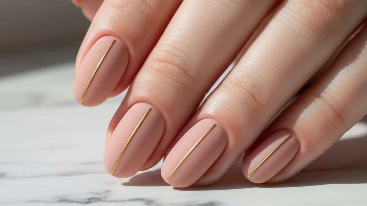 Nail art ligne unique dorée sur fond nude