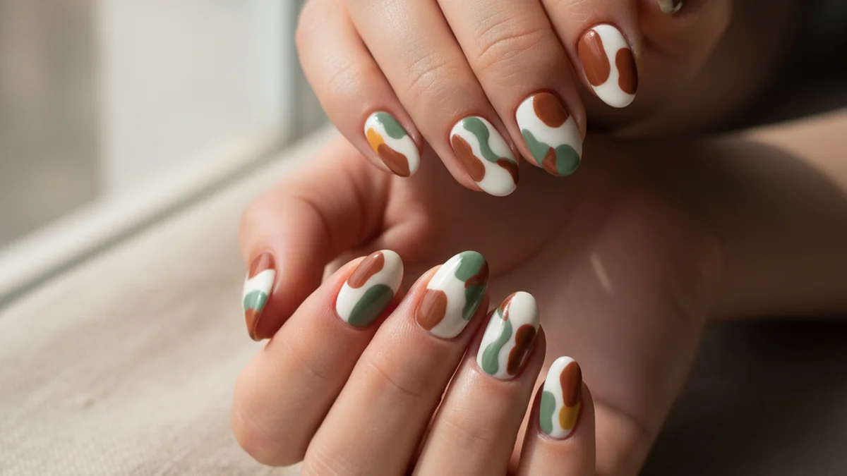 Nail art abstrait formes organiques terracotta et vert sauge
