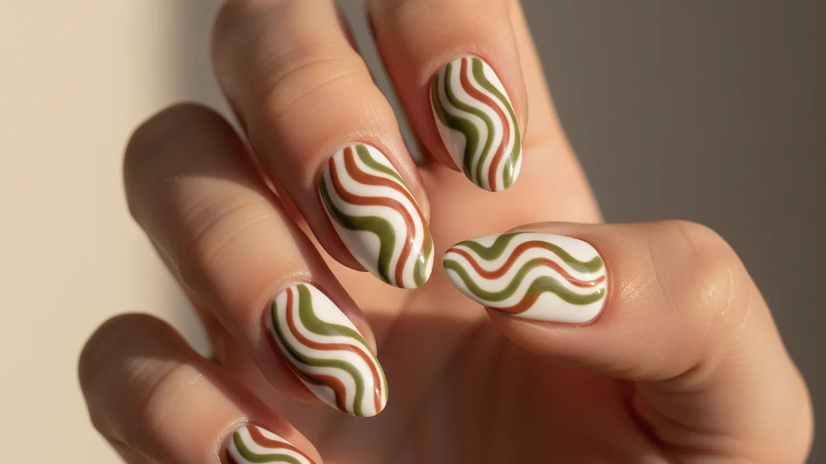 Swirl nails spirales vert olive et crème
