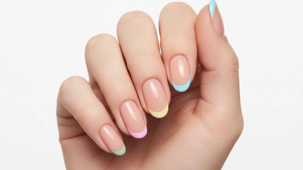 French manucure colorée avec pointes pastels différentes