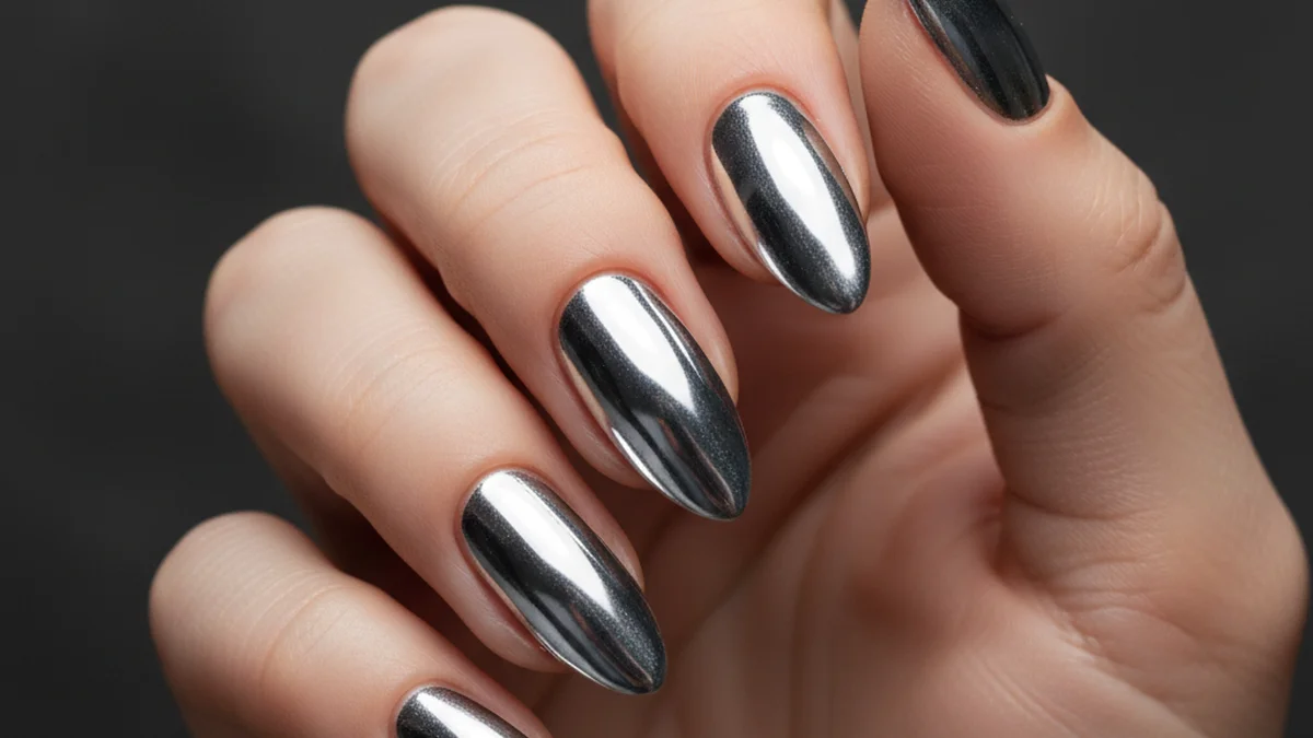 Ongles chrome effet miroir argenté ultra-brillant