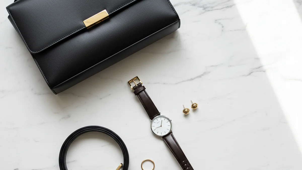 Accessoires sobres pour entretien : montre, boucles discrètes, sac structuré