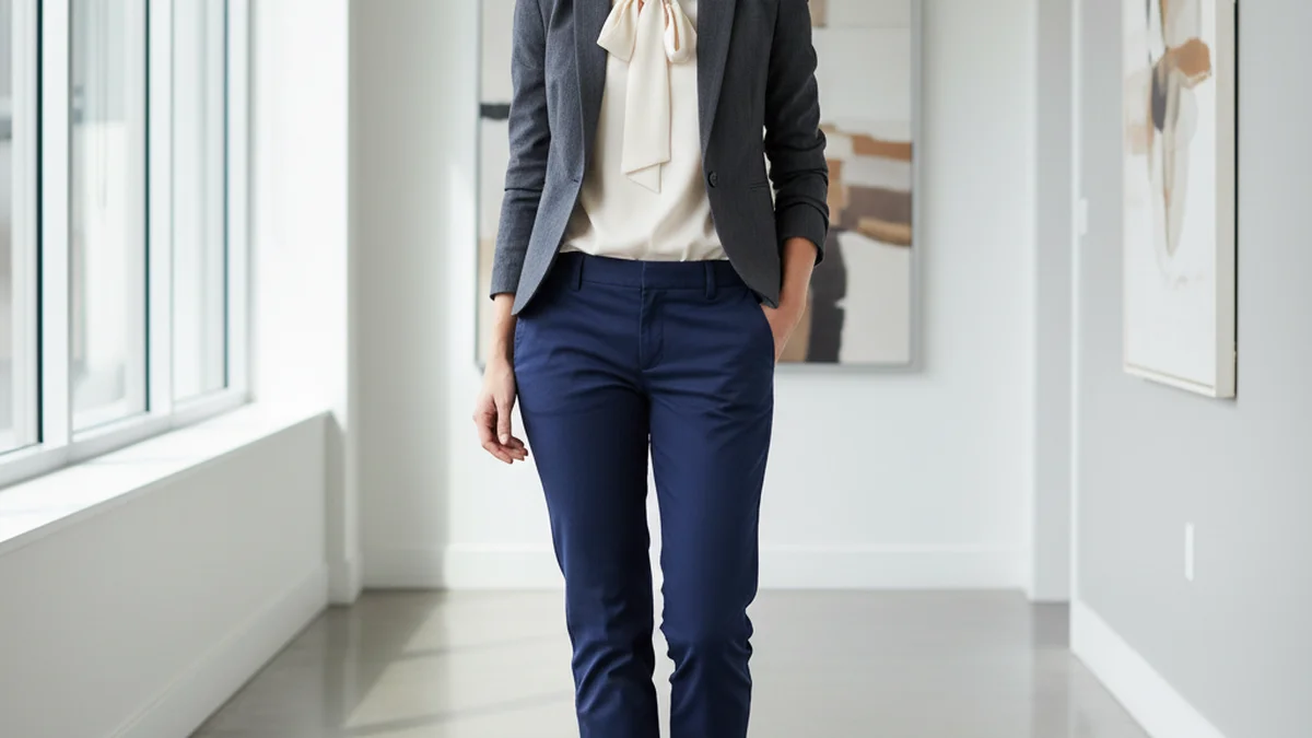Look entretien chino marine avec blazer et blouse en soie