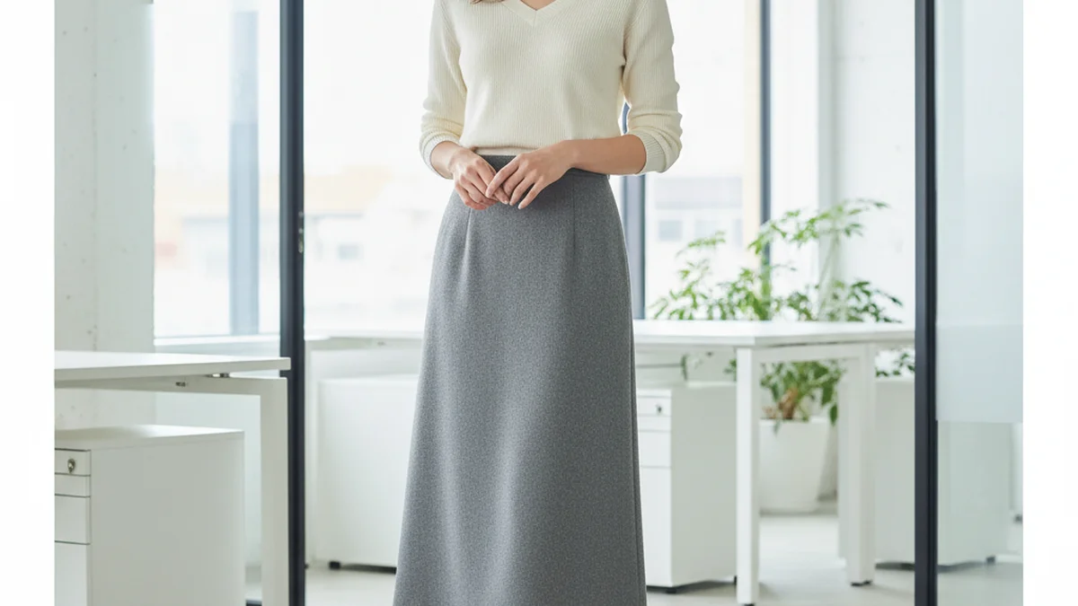 Look entretien jupe midi grise avec pull crème et bottines