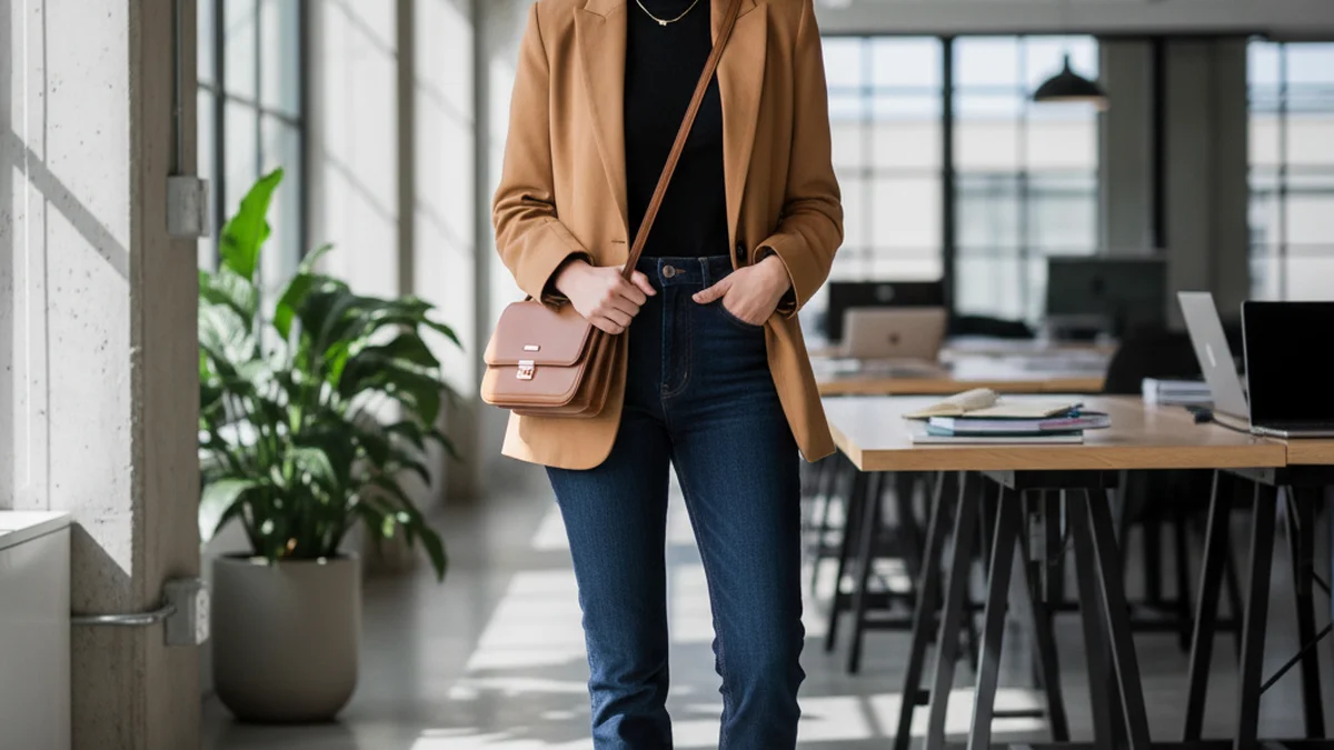 Tenue entretien créatif décontractée avec blazer et jean foncé