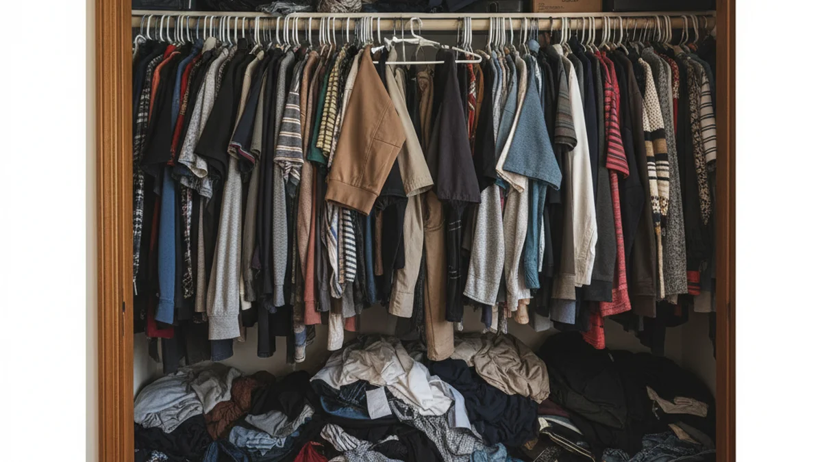 Dressing surchargé de vêtements entassés et désorganisés