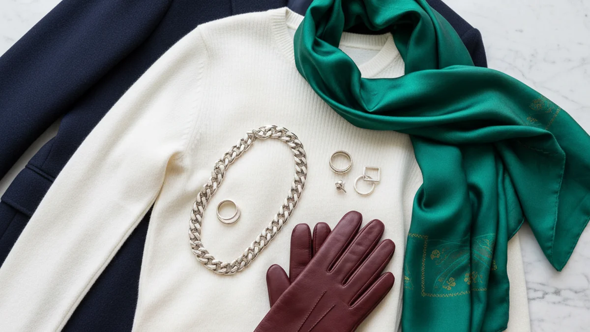 Palette de couleurs froides pour garde-robe hiver avec blazer marine et accessoires émeraude