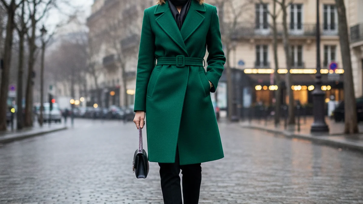Tenue féminité froide avec manteau émeraude structuré et pantalon noir en rue parisienne