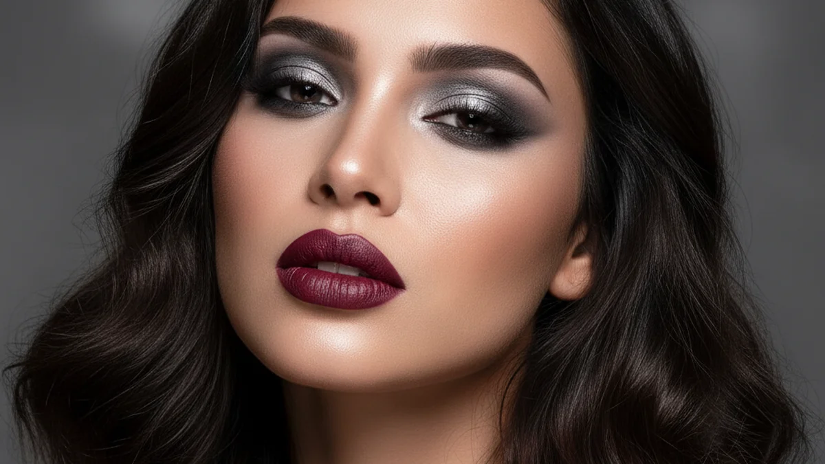 Maquillage féminité froide avec rouge à lèvres berry et smoky eye argenté