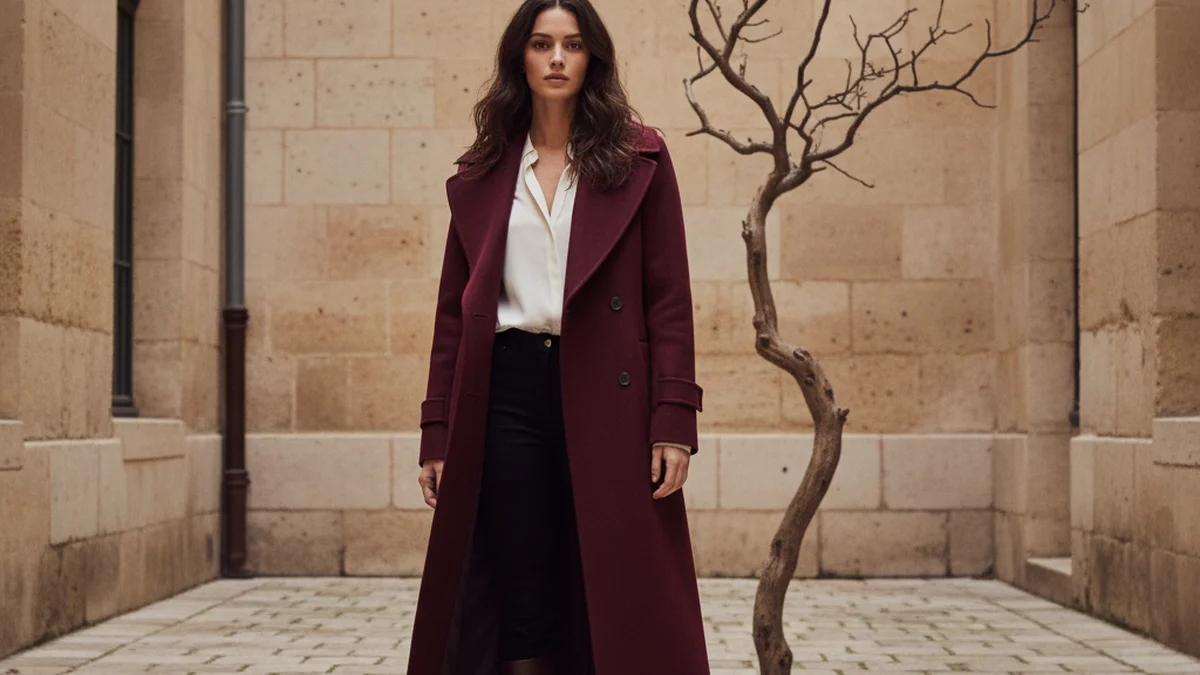 Femme élégante illustrant la féminité froide avec un manteau bordeaux et un chemisier blanc pur