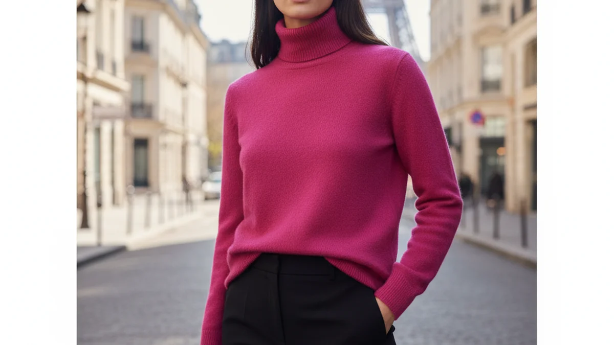 Pull fuchsia vif porte avec un pantalon noir, contraste saisissant