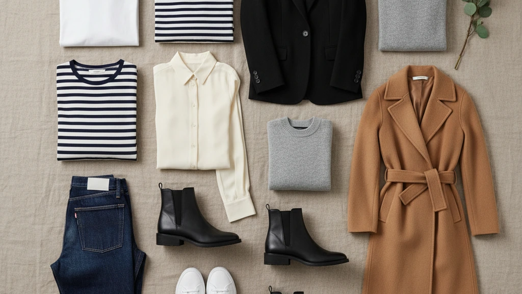 Pi&egrave;ces essentielles garde-robe minimaliste dispos&eacute;es sur un fond neutre