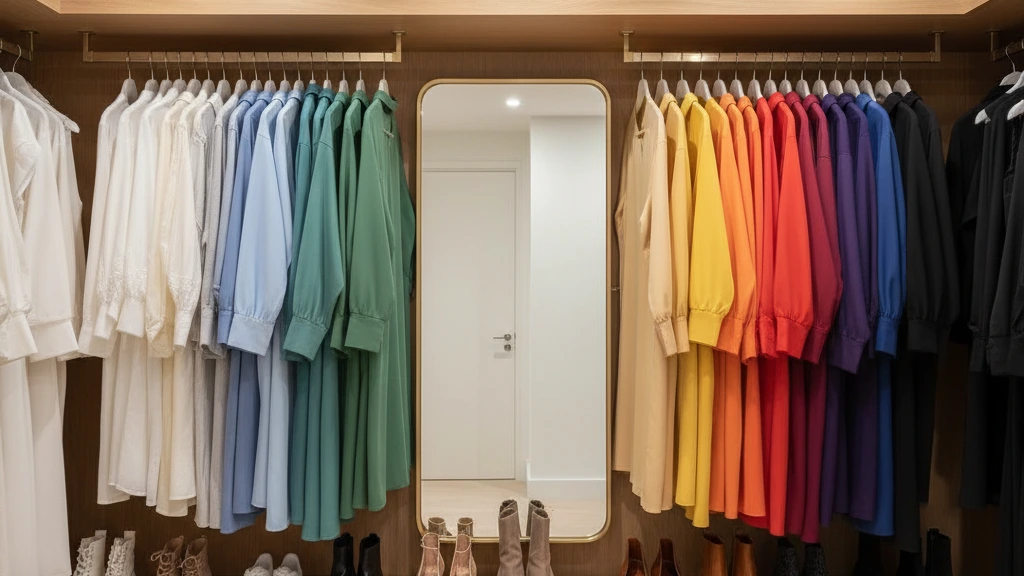 Penderie minimaliste organis&eacute;e avec cintres en bois et v&ecirc;tements class&eacute;s par couleur