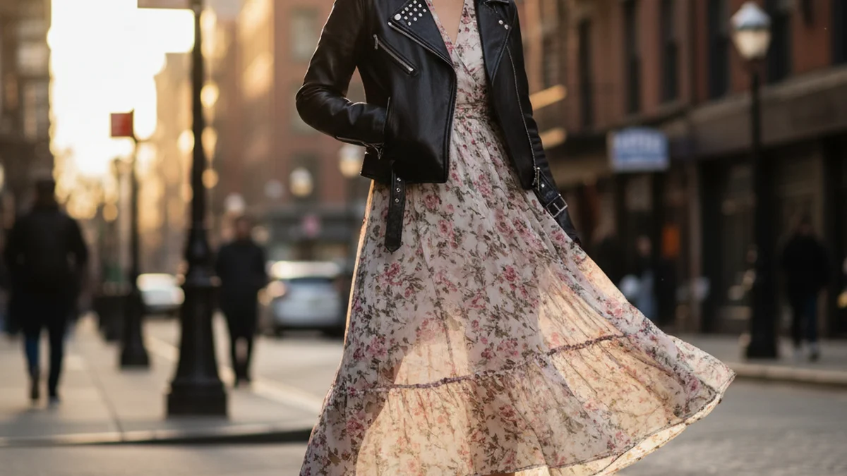 Robe fleurie portee avec un perfecto en cuir noir