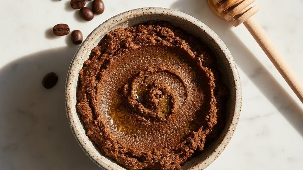 Gommage maison au miel et marc de cafe, texture granuleuse naturelle