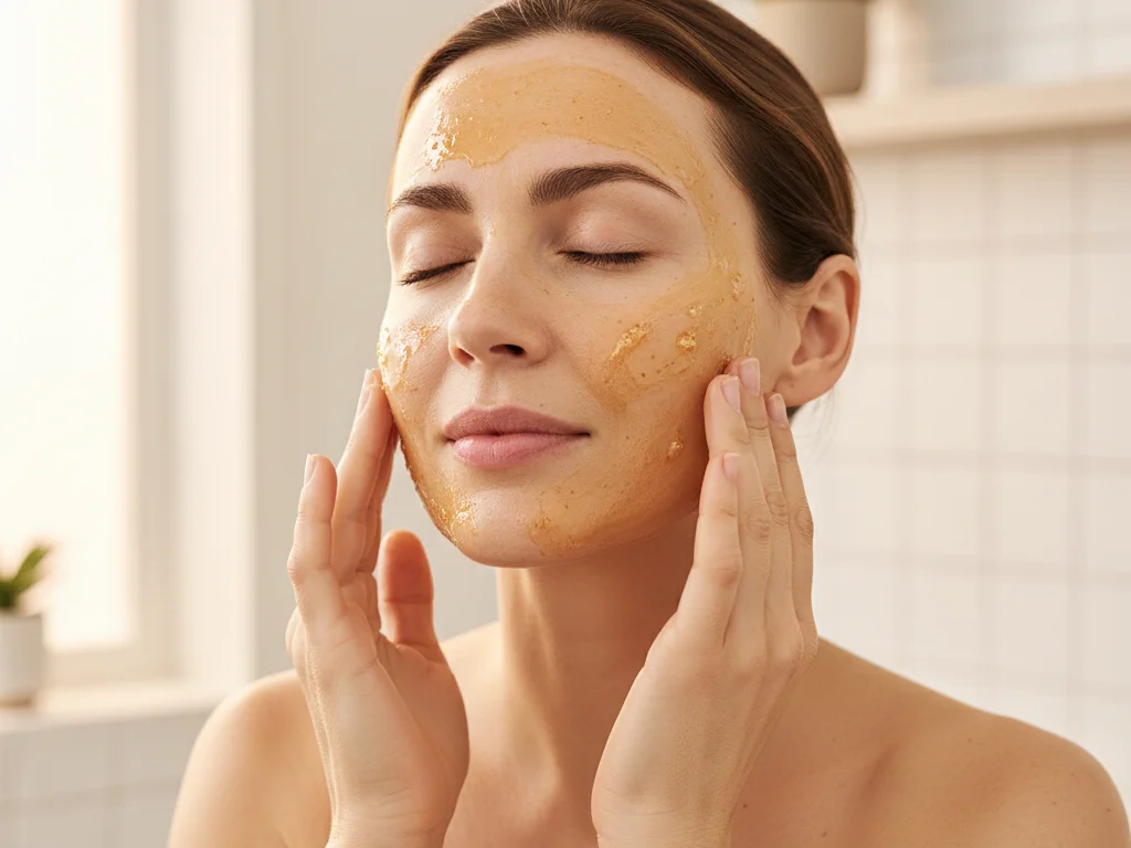 Femme appliquant un gommage au miel sur le visage