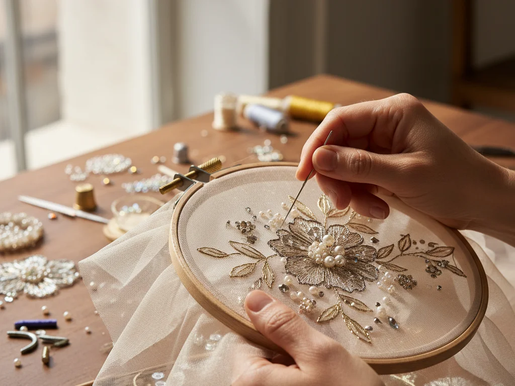Couturière travaillant à la main dans un atelier parisien