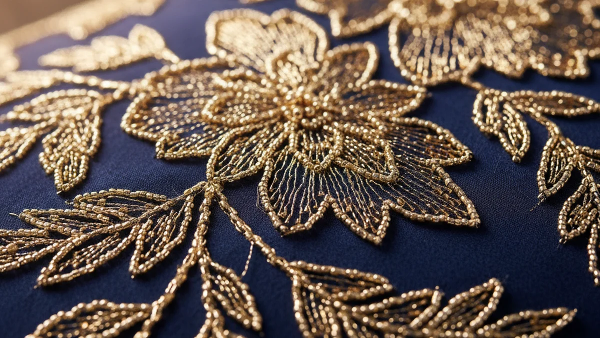 Détail de broderie haute couture réalisée à la main dans un atelier parisien