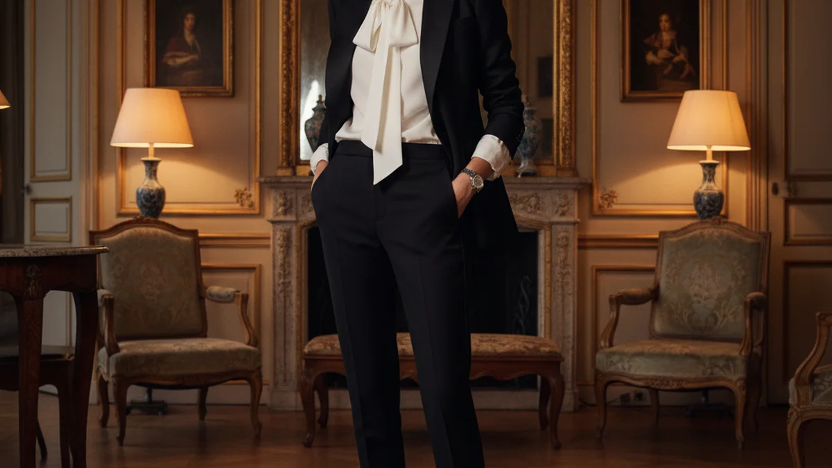 Smoking féminin inspire d'Yves Saint Laurent, élégance empruntee au masculin