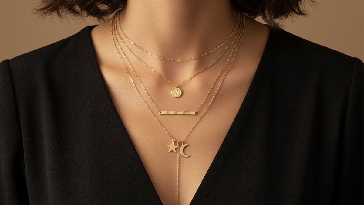 Femme portant une accumulation harmonieuse de trois colliers dorés de longueurs différentes sur un décolleté en V, tenue