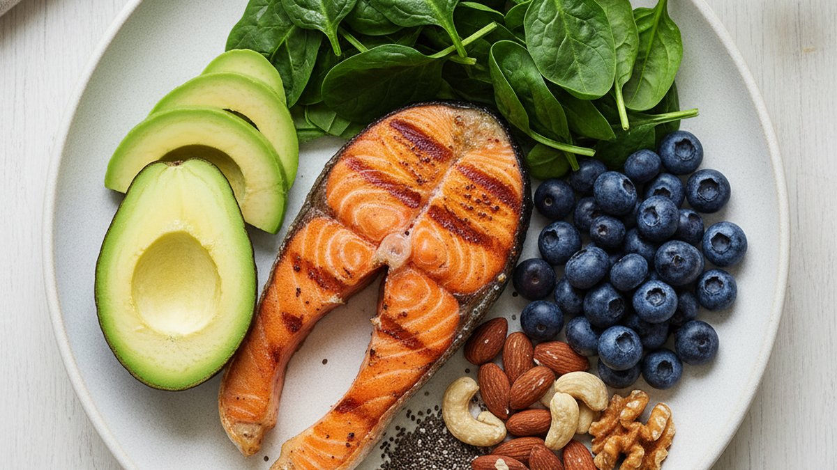 Assiette colorée de super-aliments anti-âge vue du dessus : saumon grillé, avocat, myrtilles, épinards, noix, graines de