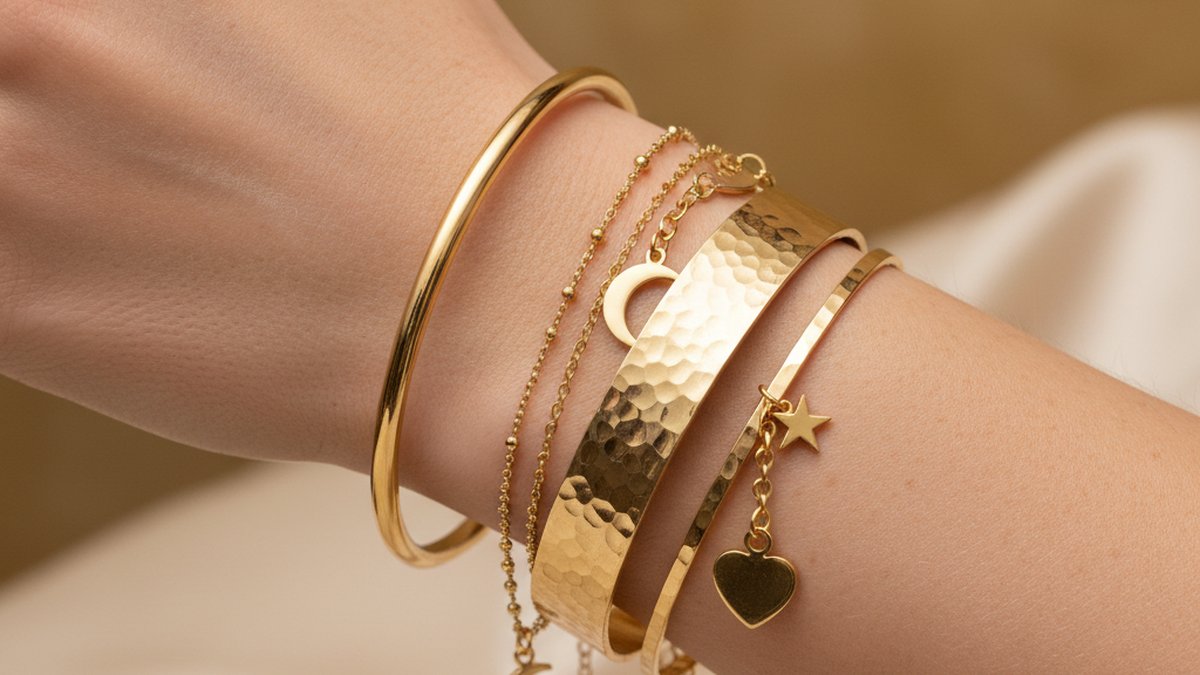 Poignet féminin avec un stack de quatre bracelets fantaisie dorés (jonc, chaîne, manchette fine, bracelet à breloques)