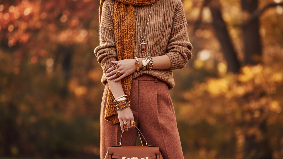 Tenue automne-hiver en tons chauds (pull camel, pantalon terracotta) accessoirisée avec des bijoux fantaisie dorés et am