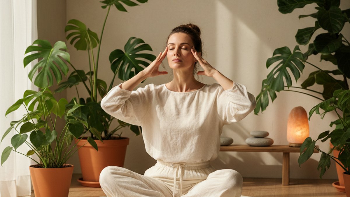 Femme pratiquant le yoga facial en position de méditation, environnement zen avec plantes vertes et lumière douce
