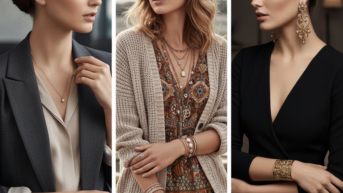Split screen montrant trois looks — bureau (bijoux discrets), brunch (accumulation décontractée), soirée (boucles chande