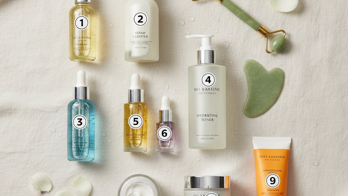 Flat lay organisé d'une routine skincare anti-âge complète avec tous les produits étiquetés et numérotés dans l'ordre d'