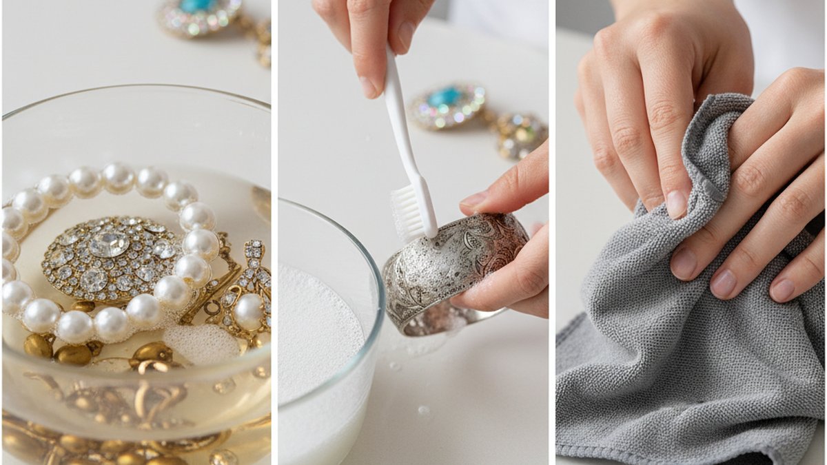 Étape par étape du nettoyage d'un bijou fantaisie : bol d'eau savonneuse, brossage doux à la brosse à dents, séchage au 