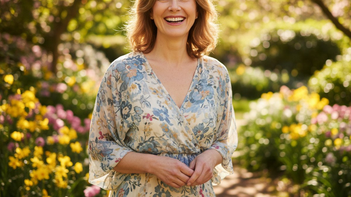 Femme épanouie d'une cinquantaine d'années souriant face caméra, peau radieuse, dans un jardin ensoleillé printanier
