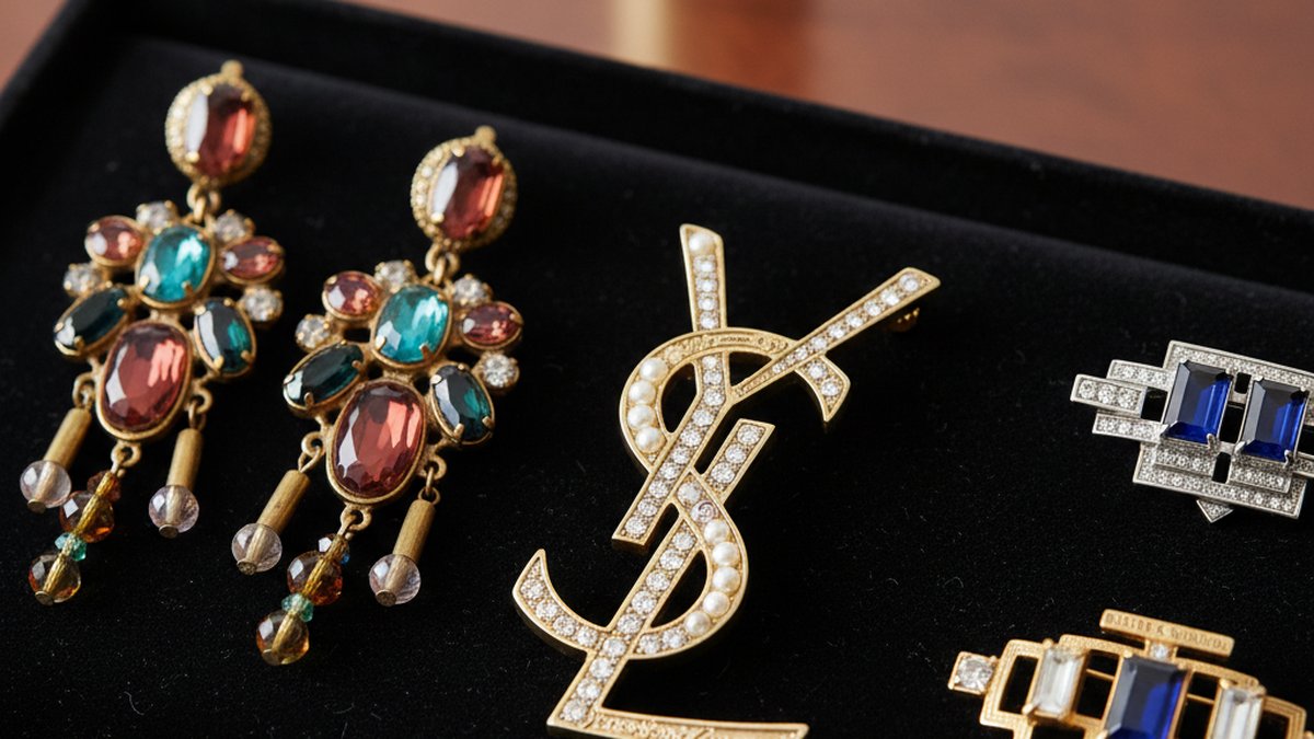 Sélection de bijoux fantaisie vintage signés (broche YSL, boucles Lacroix) présentés sur un plateau en velours noir