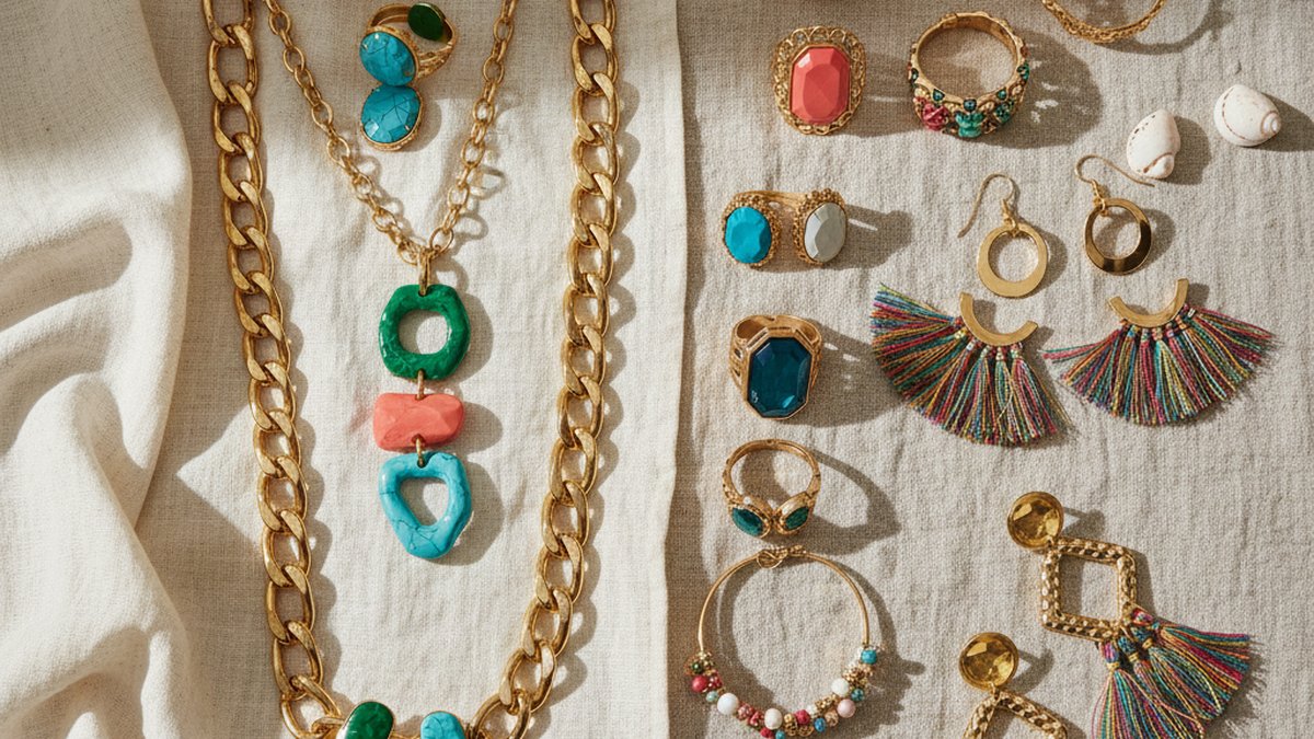 Flat lay élégant présentant une sélection de bijoux fantaisie tendance 2026 — colliers, bagues, bracelets et boucles d'o