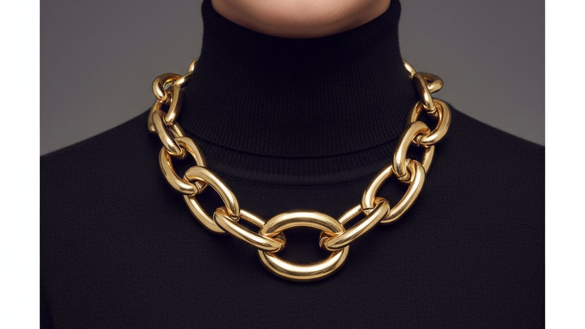 Femme portant un collier maxi-chaîne à maillons dorés sculpturaux sur un col roulé noir, plan rapproché sur le décolleté
