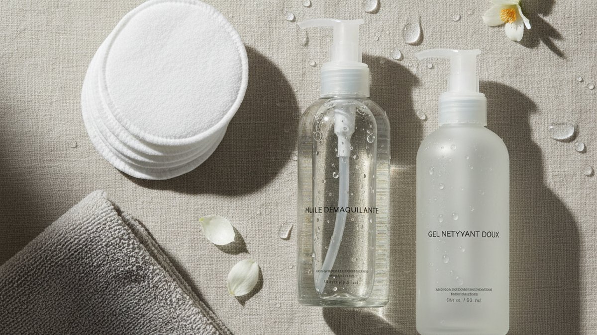Mise en scène flat lay d'un rituel double nettoyage avec huile démaquillante, gel nettoyant doux, disques en coton réuti